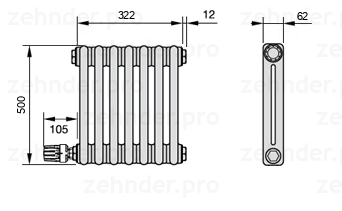 Схема (чертеж) Радиатор Zehnder Charleston 2050/7 №V003 Белый глянцевый RAL 9016